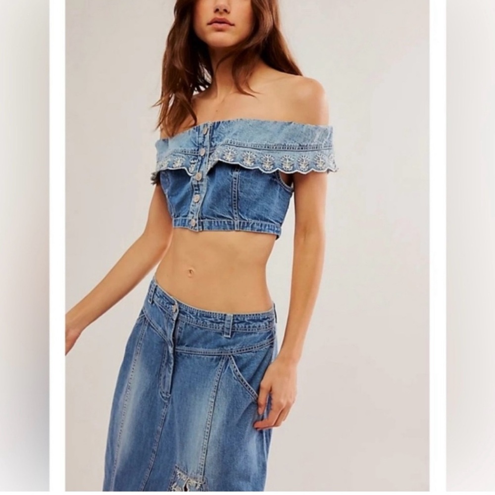 Free People Kora Crop Top Maxi Skirt Denim Embroidered Set Sz 2 NWT - Picture 2 of 15